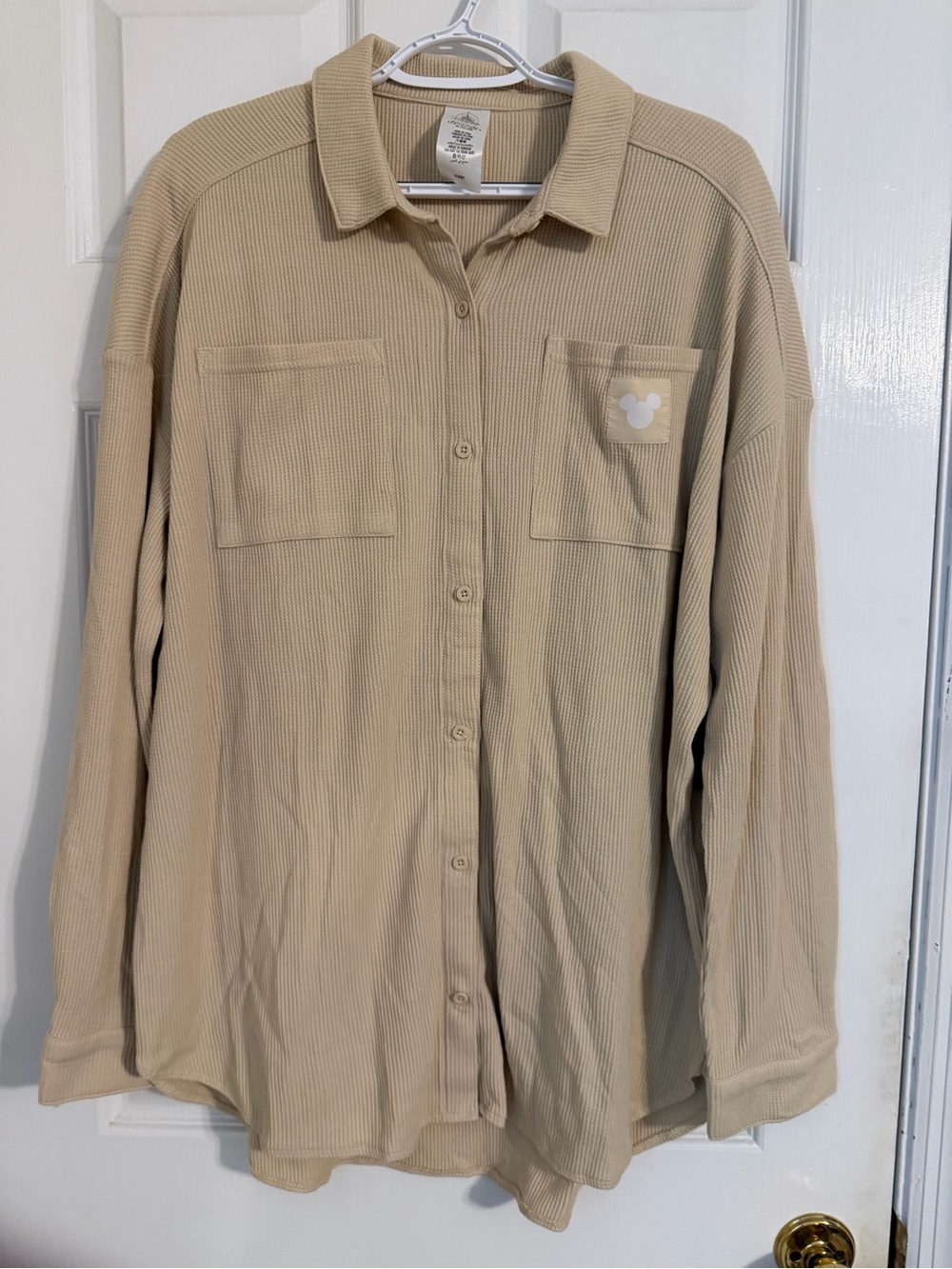 Disney Beige Waffle Knit Button-Down Shirt with Mickey Icon